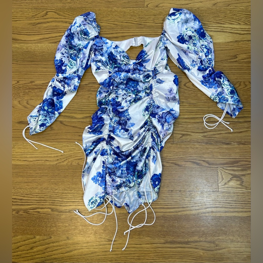 For Love & Lemons Hyacinth Drawstring Mini Dress Navy Floral‎ - Picture 5 of 12